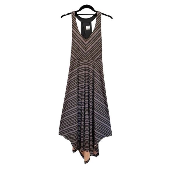 Prana Women's Saxon Dress Midi Red Clay Black Stripe‎ V-Neck Handkerchief Hem M - Picture 3 of 7